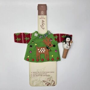 Ugly Christmas Reindeer Sweater & Snowman Cork Stopper for Wine Bottles